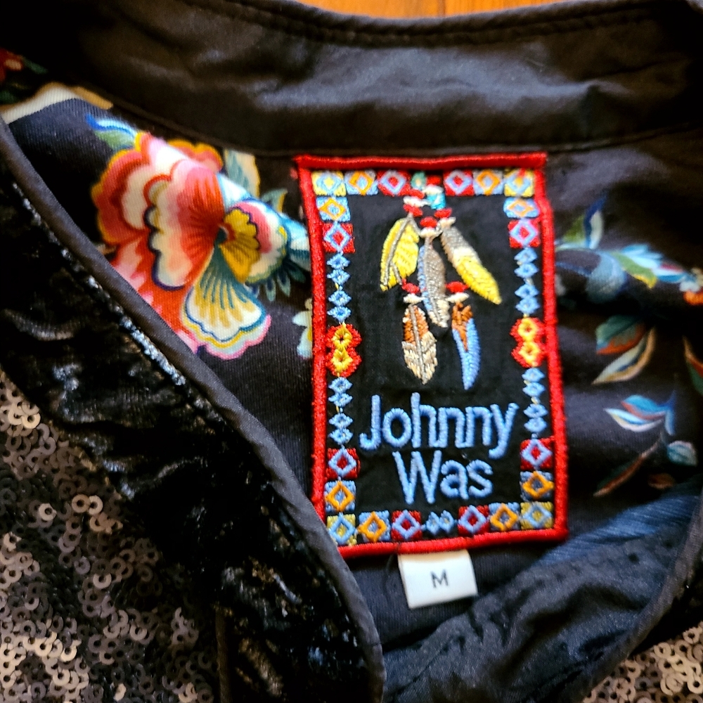 Johnny Was Sequin Black Silver M Shirt Jacket Cardigan Mobwife Casual Kimono - Picture 7 of 13
